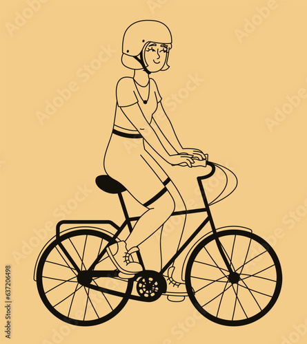 Fototapeta Naklejka Na Ścianę i Meble -  Woman rides bicycle. Female person in outline style.