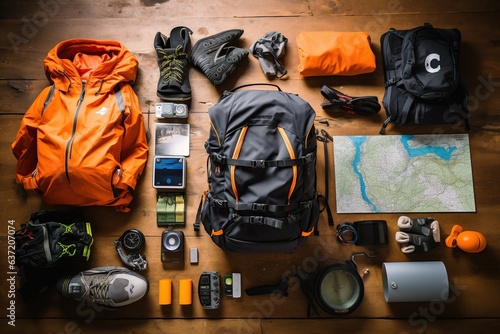Outdoor travel equipment planning for a mountain trekking camping trip on wooden background. Top view ,Generated with AI