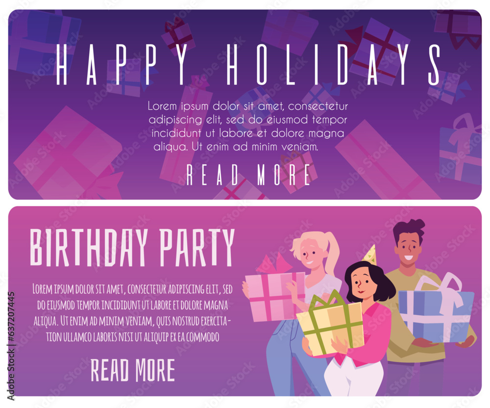 Happy people with gift boxes, birthday party and holidays web banners set, flat vector illustration. Happy people with gift boxes, birthday party and holidays web banners set, flat vector illustration.