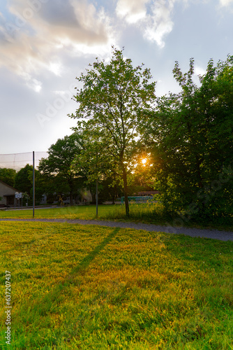 Scenic view of landscape with colorful cloudy spring evening sky at Swiss City of Zürich district Schwamendingen. Photo taken June 3rd 2023, Zurich, Switzerland.