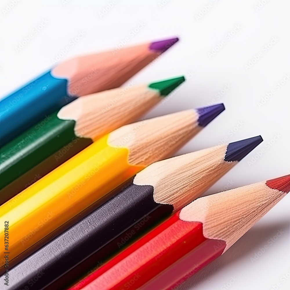 Obraz premium different coloring pencils lying flat on clear white table (Generative AI)
