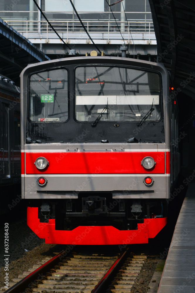The front view of the train is waiting for passengers The front view of the train is waiting for passengers