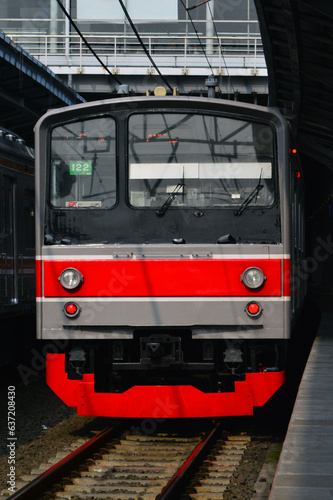 The front view of the train is waiting for passengers