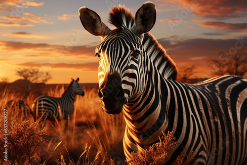 Striped Elegance: Zebras in a mesmerizing black and white symphony, blending seamlessly with the grassland. Generated with AI
