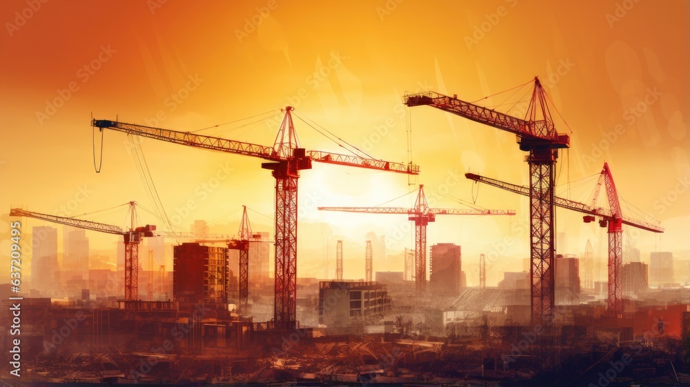 Construction cranes against a backdrop of progress, representing the physical manifestation of development fueled by industrial activities