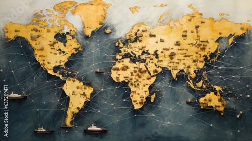A world map with cargo ships and planes traversing global routes, symbolizing the interconnected nature of international trade