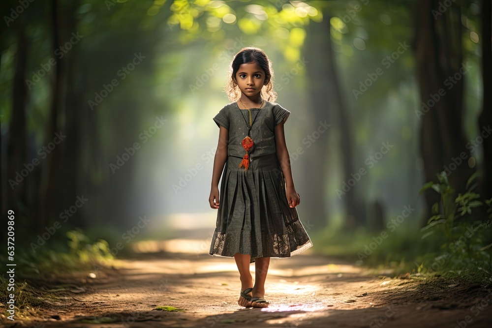 young indian girl walking through a forest to school (Generative AI) young indian girl walking through a forest to school (Generative AI)