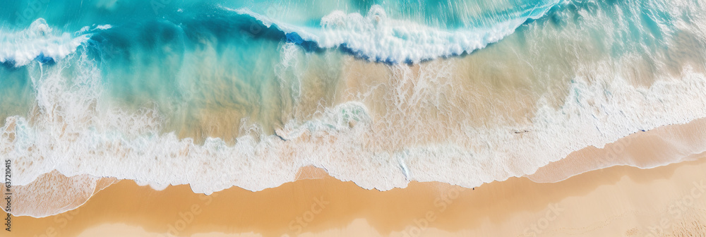 close up drone view od a wave of sea on the beach banner - obrazy, fototapety, plakaty 