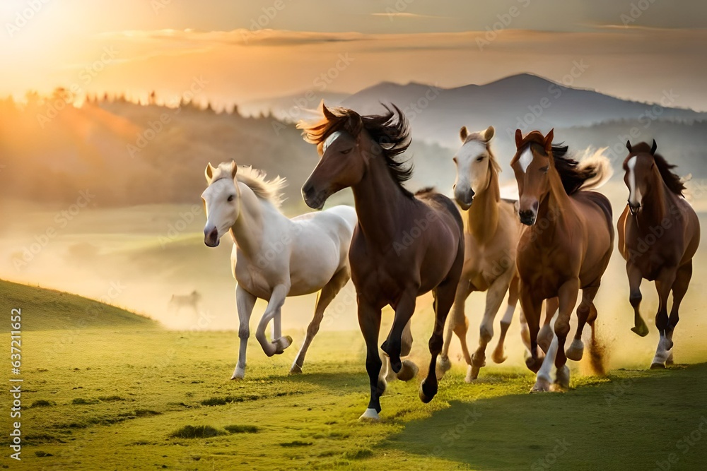 Amidst a golden field, a group of horses gallop Amidst a golden field, a group of horses gallop