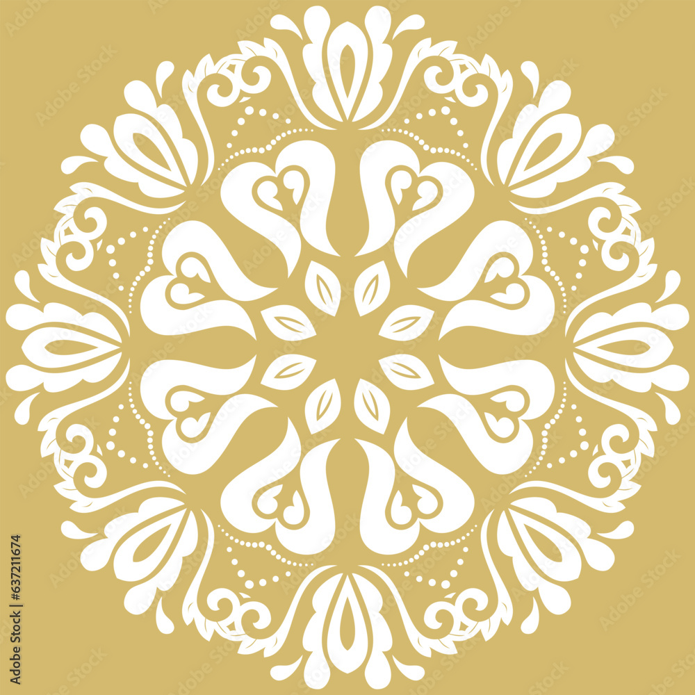 Oriental vector ornament with arabesques and floral elements. Traditional classic round golden and white ornament. Vintage pattern with arabesques