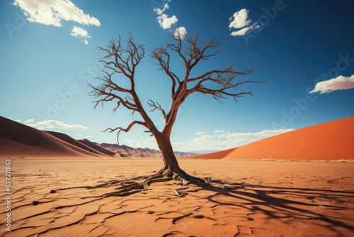 lonely vertical dead tree in dessert dunes (Generative AI)