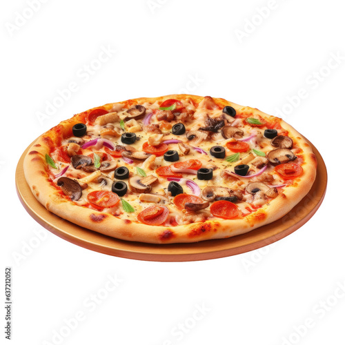 Hot pizza with mushrooms and olives photographed against a transparent background