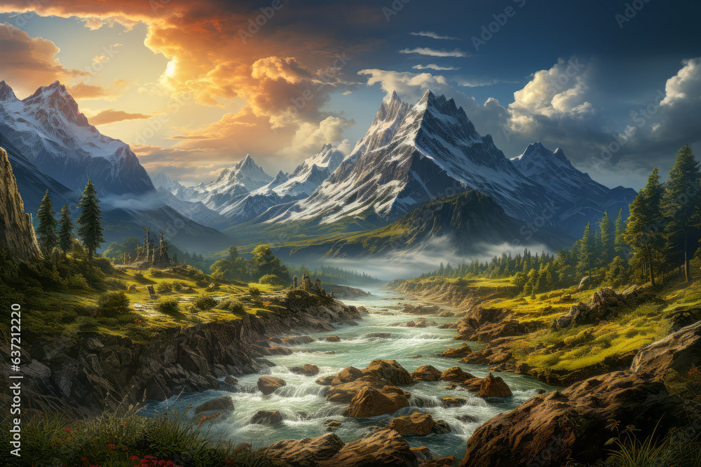 Peaceful and Serene Mountain Scene with a Sky