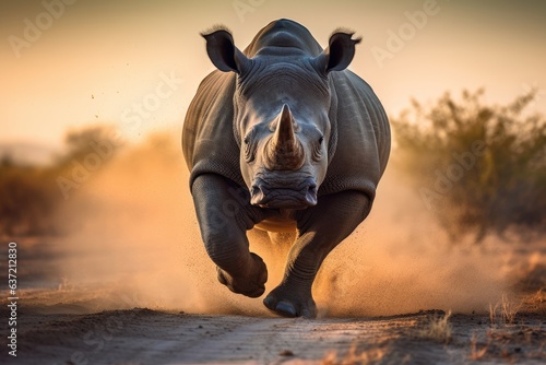 majestic rhinoceros charging towards the camera  Generative AI 