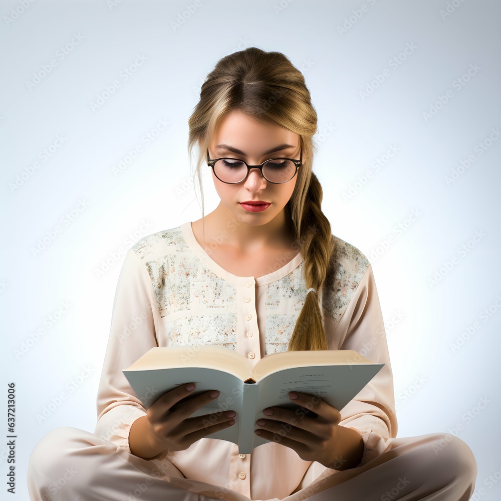 a beautiful woman with glasses reading a book on the white background a beautiful woman with glasses reading a book on the white background