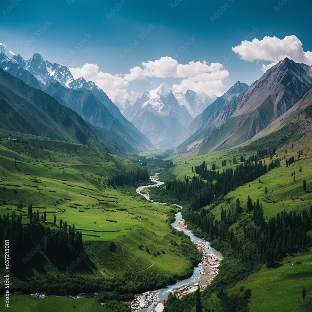 Naklejka premium Mountain landscape with river in the valley, Kyrgyzstan