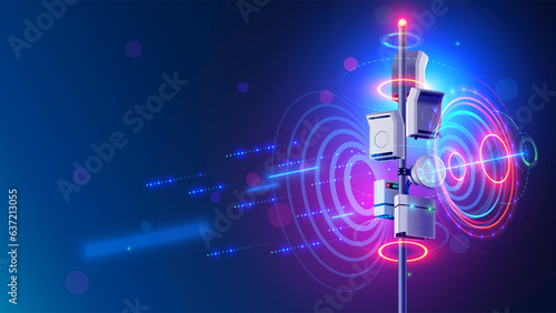 5g mobile internet communication tower. Wireless broadband antenna transmit telecommunication signal. 5g antenna network. 5g communication tower broadcast mobile signal. Communication technology.