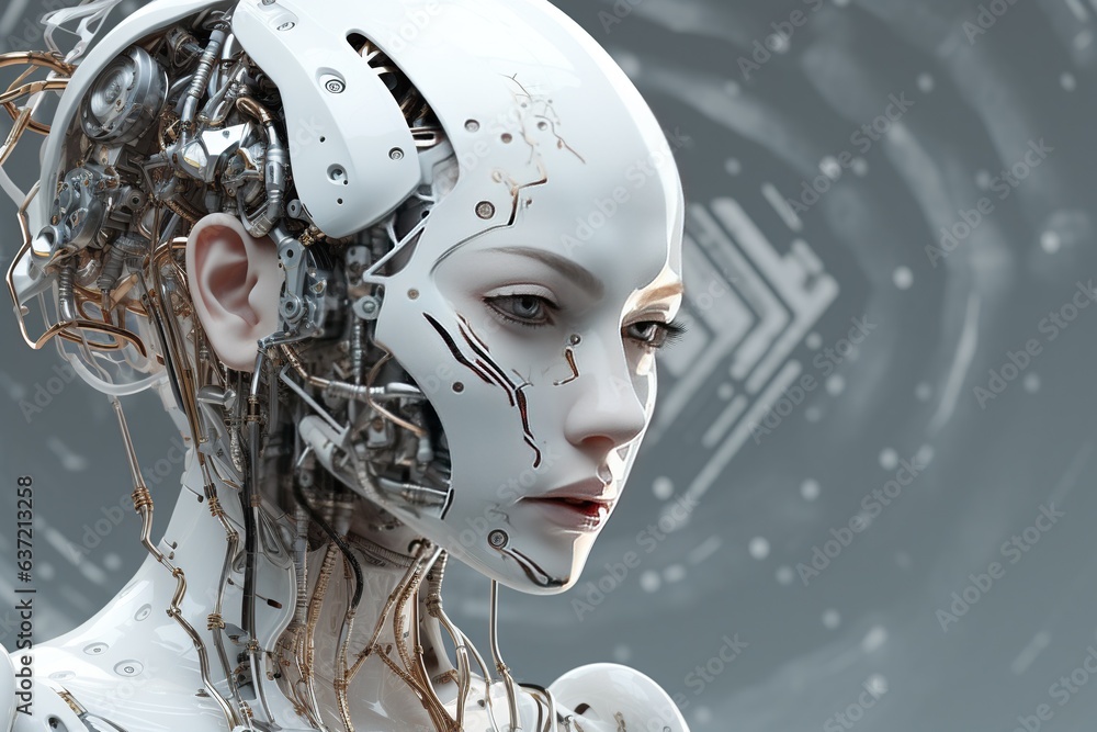 Fototapeta premium White cyborg robotic and female scientist ,full-body, Dynamic moving,3D rendering,Cybernetic Intelligence background,Generated with AI