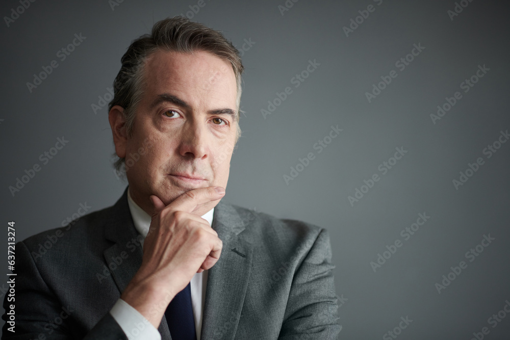 Portrait of middle-aged businessman rubbing chin and looking at camera Portrait of middle-aged businessman rubbing chin and looking at camera