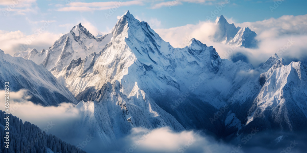 Panoramic view of snow-capped mountains in the clouds Panoramic view of snow-capped mountains in the clouds
