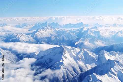 Aerial view of snowy mountains and blue sky. 3D rendering