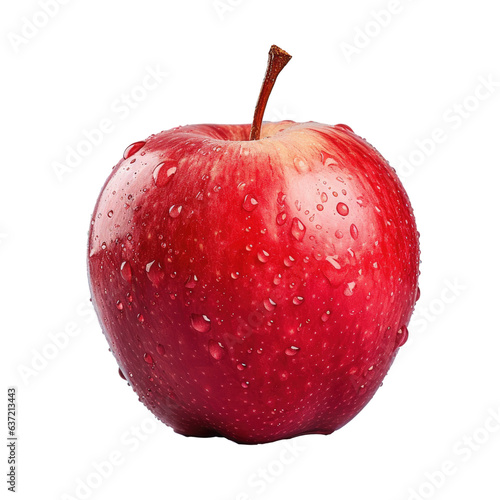 Red apple photographed vertically with single dim light and water droplets against transparent background