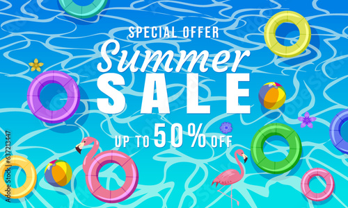 Summer Sale background banner template. Swimming tiled pool, blue water ocean, float swim rings, tropical, top view