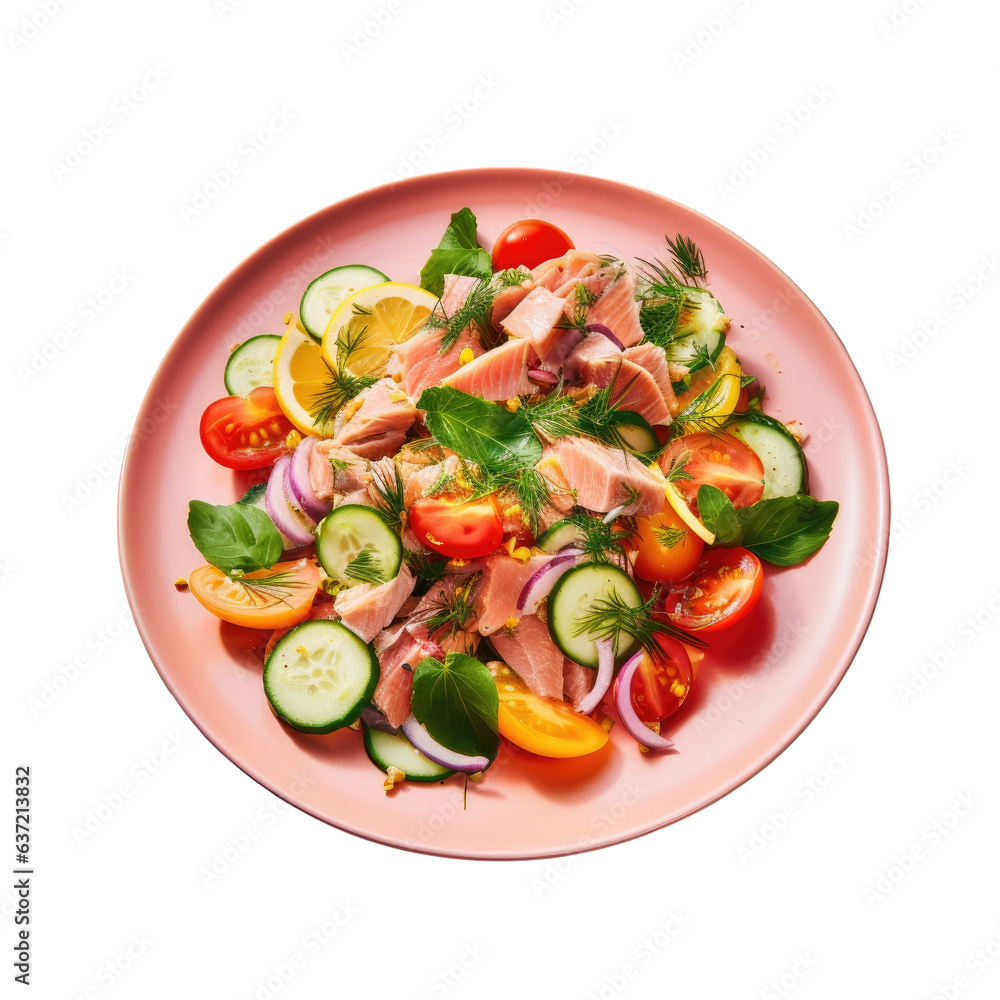 White plate on table holds tuna and vegetable salad White plate on table holds tuna and vegetable salad