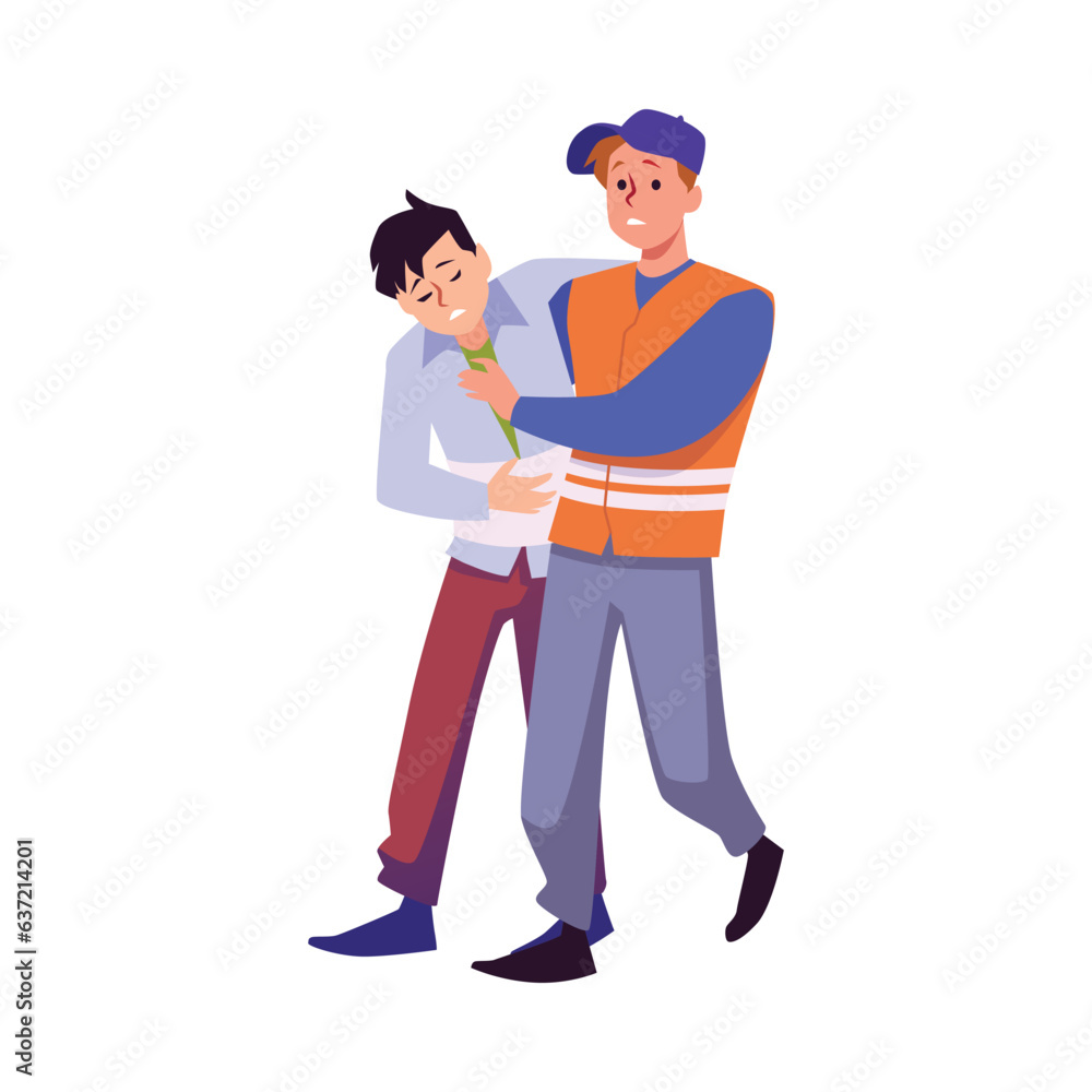 Volunteer in orange vest helps an injured man, helping after accident, catastrophe, natural disaster vector illustration Volunteer in orange vest helps an injured man, helping after accident, catastrophe, natural disaster vector illustration