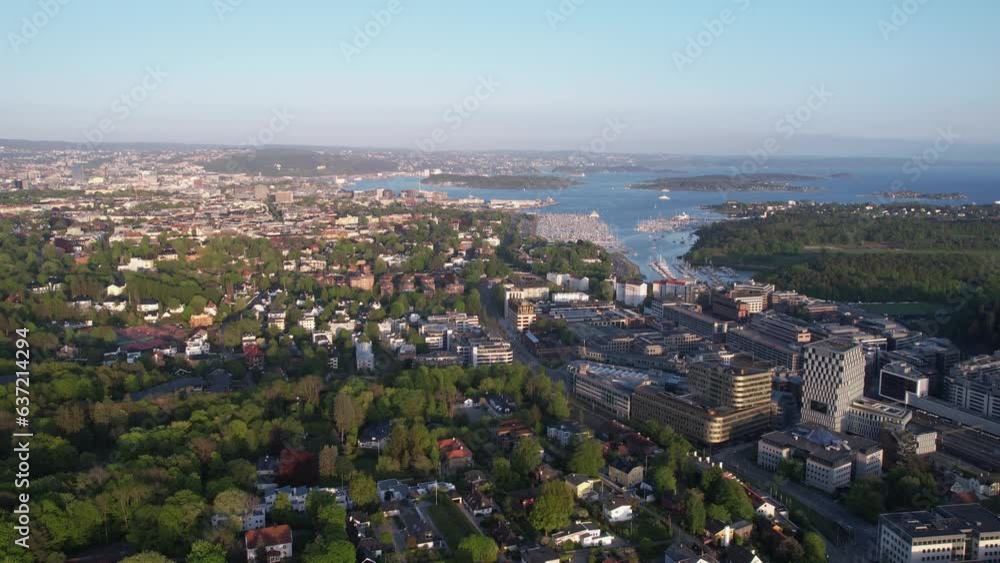 Drone Shot of Oslo, Norway, Residential Suburbs With Downtown and Fjord in Background on Sunny Day Drone Shot of Oslo, Norway, Residential Suburbs With Downtown and Fjord in Background on Sunny Day