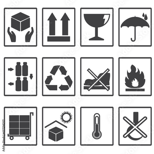 Icon set of Fragile package, handle with care logistics and delivery shipping labels, fragile box and more, cargo warning vector signs, isolated on white background. cargo symbols set, packaging icons