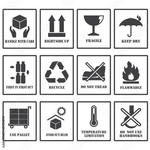 Set of packaging products design symbol, Fragile Packing and Shipping Symbol Collection. Cardboard Box Logistics Cargo  warning Icon set. Handle with care, Right side up, Fragile box, and more icons.