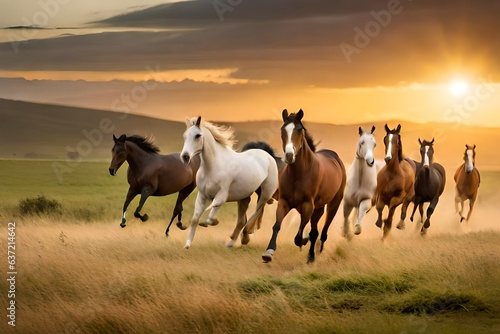 Amidst a golden field, a group of horses gallop 