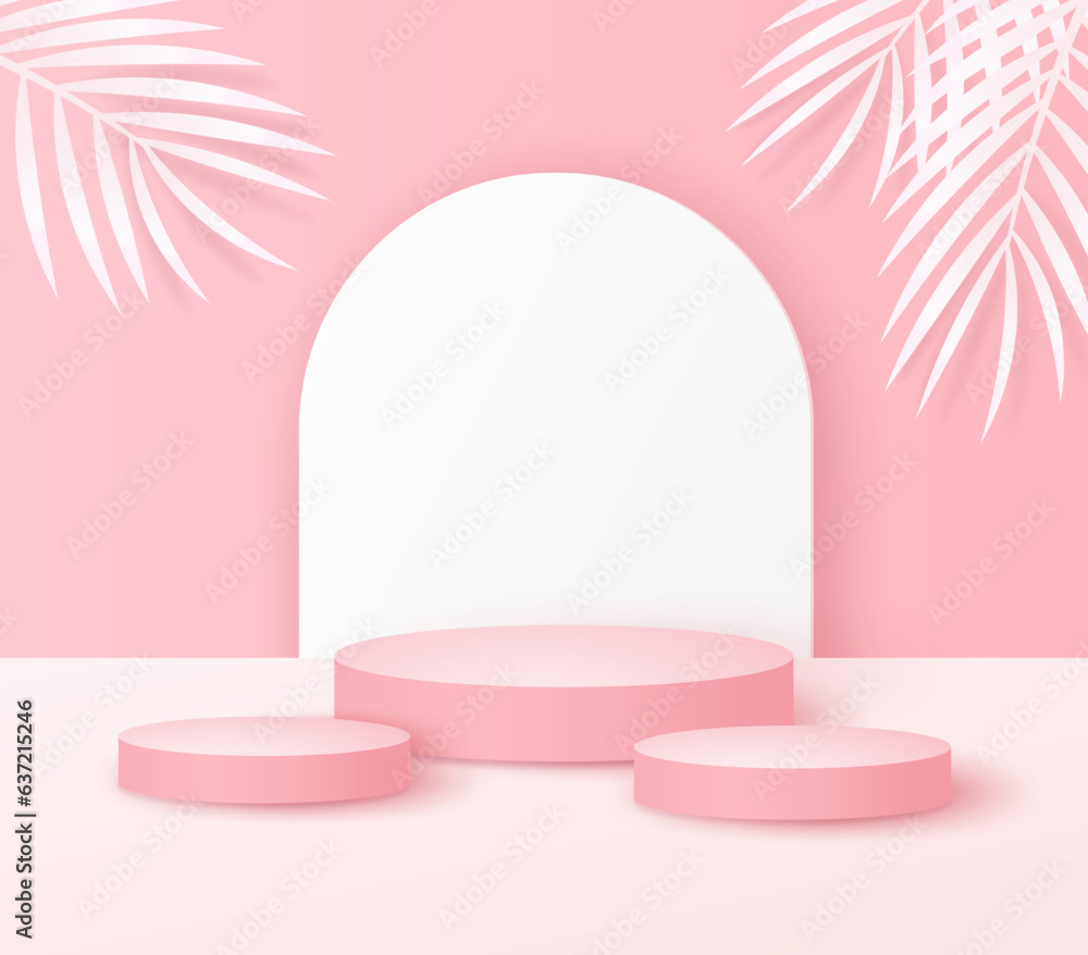 pink background with paper palm leafs and stand or podium display for product presentation, branding, packaging and promotion. vector illustration design.