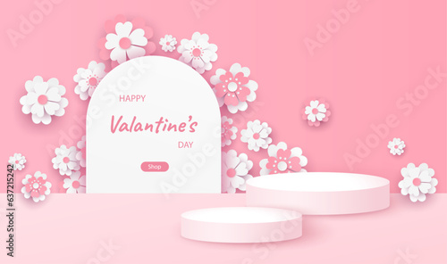 pink background with 3D flower and stand or podium display for product presentation, branding, packaging and promotion. vector illustration design.