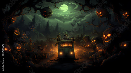 Happy Halloween background with scary pumpkins and car haunted.Halloween background with Evil Pumpkin. Spooky scary dark Night forrest. Holiday event halloween banner background concept