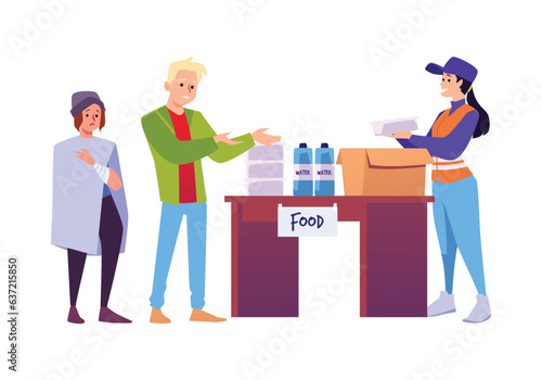 Volunteer activist giving food and water to the needy, vector cartoon humanitarian help and support for sufferer people