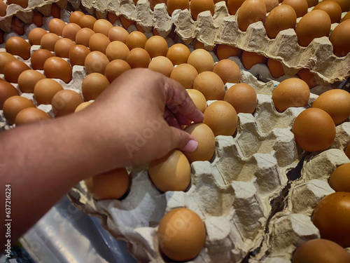 The human hand is delicately picking up an egg from paper egg case