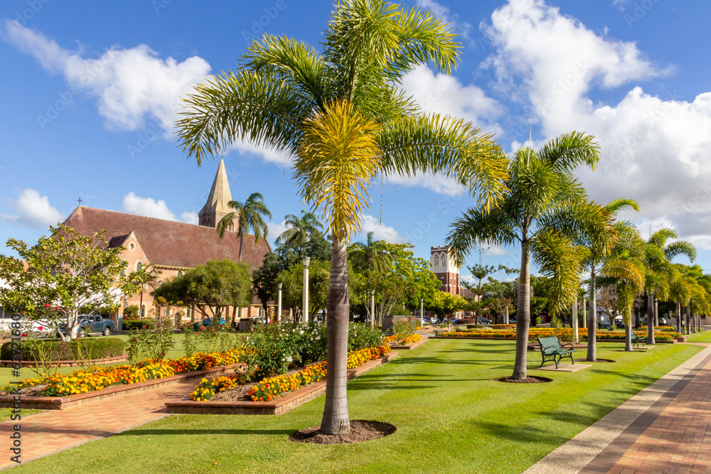Buss park with Christ Church and the former Presbyterian St Andrews church (now Seventh Day Adventist church) in the background,