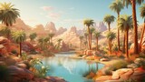 Digital Oasis of Ideas: A desert oasis transformed into a digital wonderland, with virtual palm trees bearing the fruits of creative ideas for remote work | generative AI
