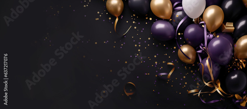 Celebration black background with black and gold balloons. Place for text, empty space.