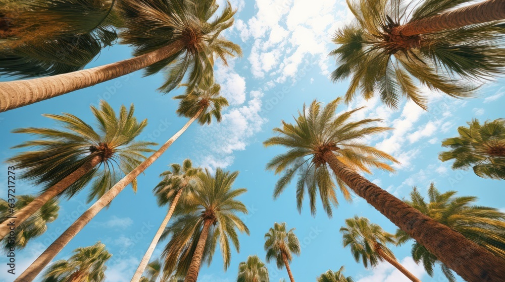 Fototapeta premium Blue sky and palm trees view from below. Tropical beach and summer background. Travel concept.