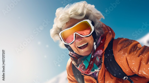 Positive elderly woman snowboarder in ski goggles snowboarding in the mountains and spending active leisure time