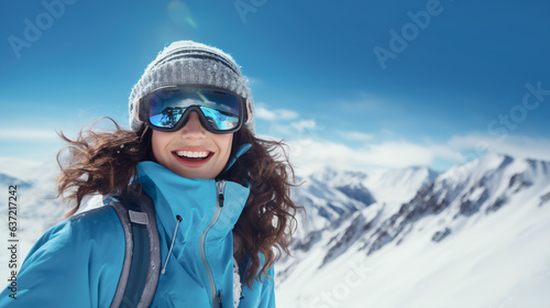 Positive woman in a hat and ski goggles is resting in a ski resort
