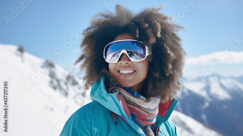 Positive dark-skinned woman in ski goggles relaxing in ski resort
