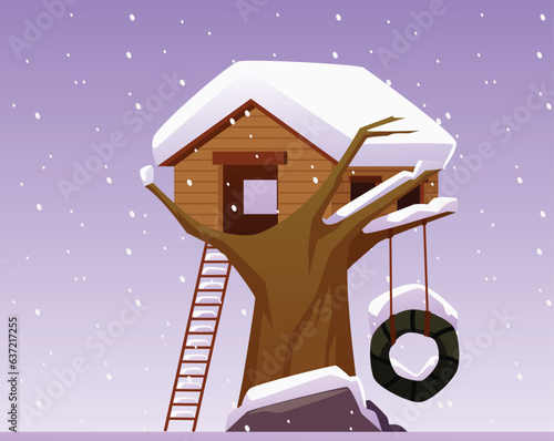 Winter landscape with treehouse on tree branches flat vector illustration.