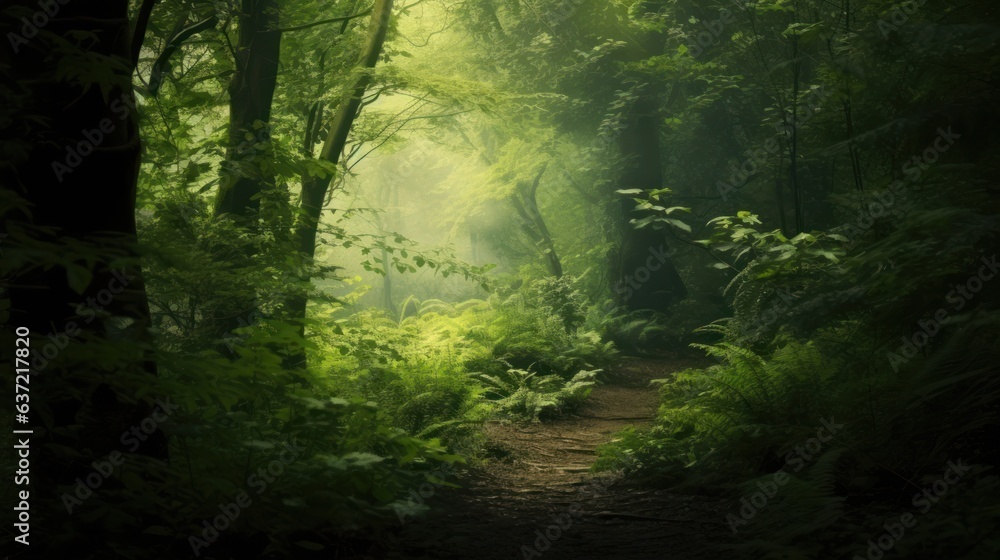Fototapeta premium Fantasy forest with fog and sunbeams.