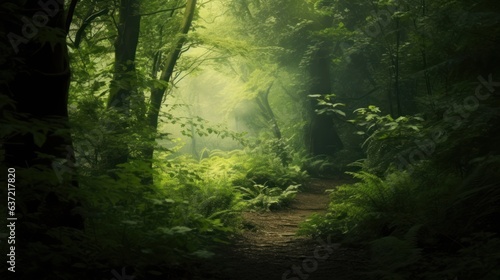 Fantasy forest with fog and sunbeams.