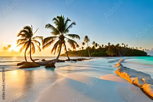 Beach with beautiful coastline. Palm trees Color water is turquoise, white sand and green palm trees. Little foaming waves.