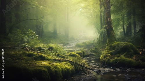 Fantasy forest with fog and sunbeams. © vlntn